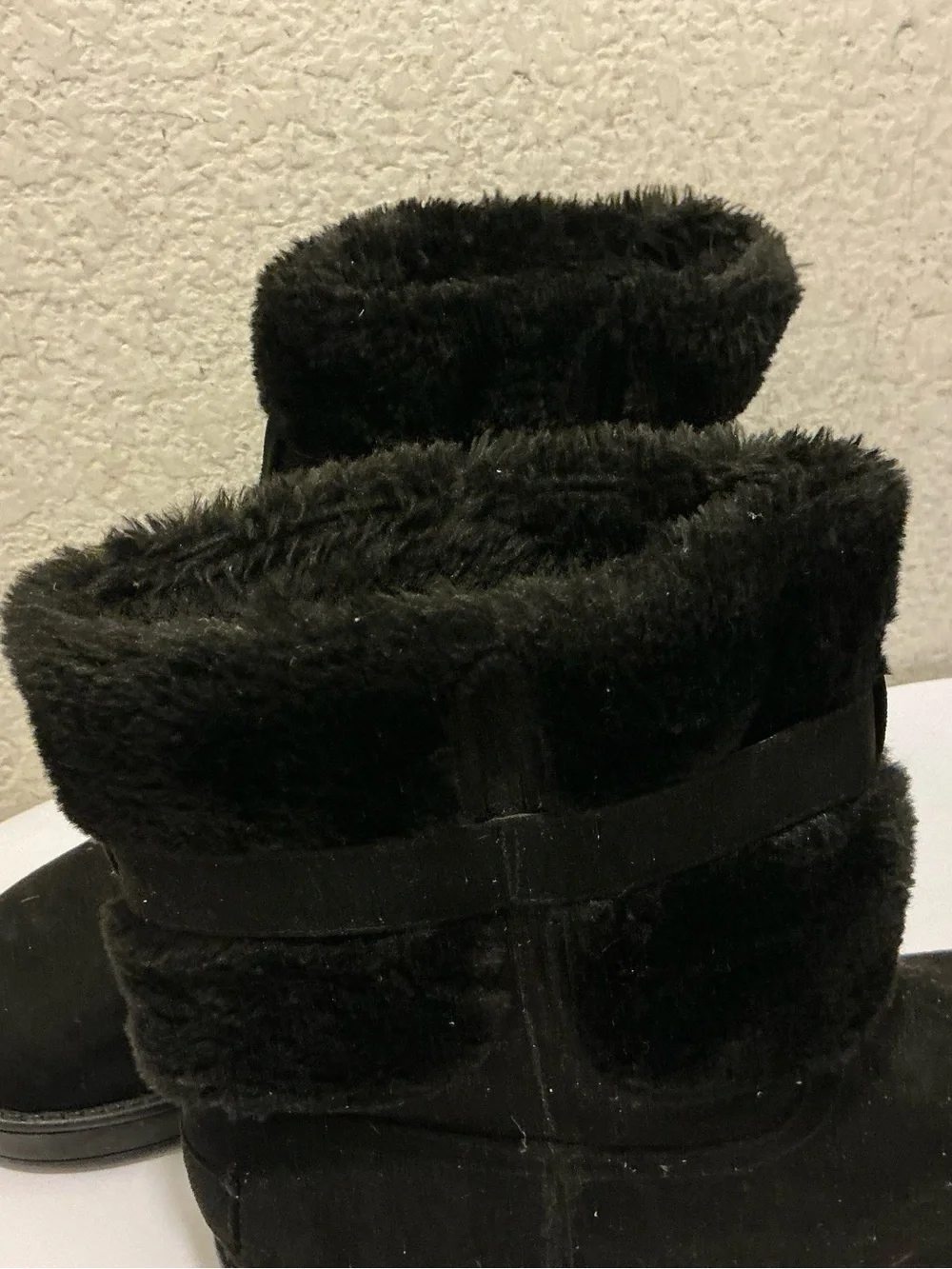 G by Guess Black Faux Fur Ankle Boots with Silver Accent